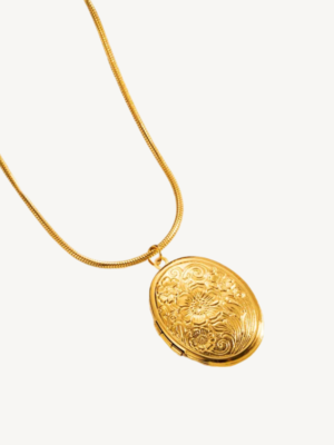 Floral Engraved Oval Locket Pendant Necklace