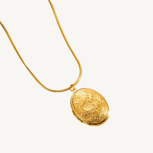Floral Engraved Oval Locket Pendant Necklace
